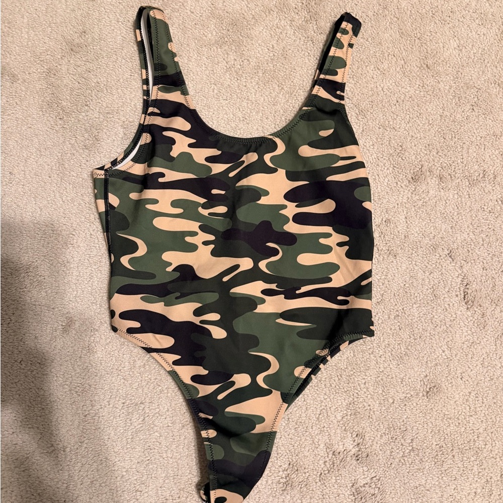 Kendall & Kylie Camo One-Piece Swimsuit in Green, Black, Tan